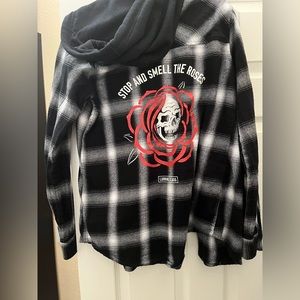 Plaid b/w Lurking Class flannel with hood